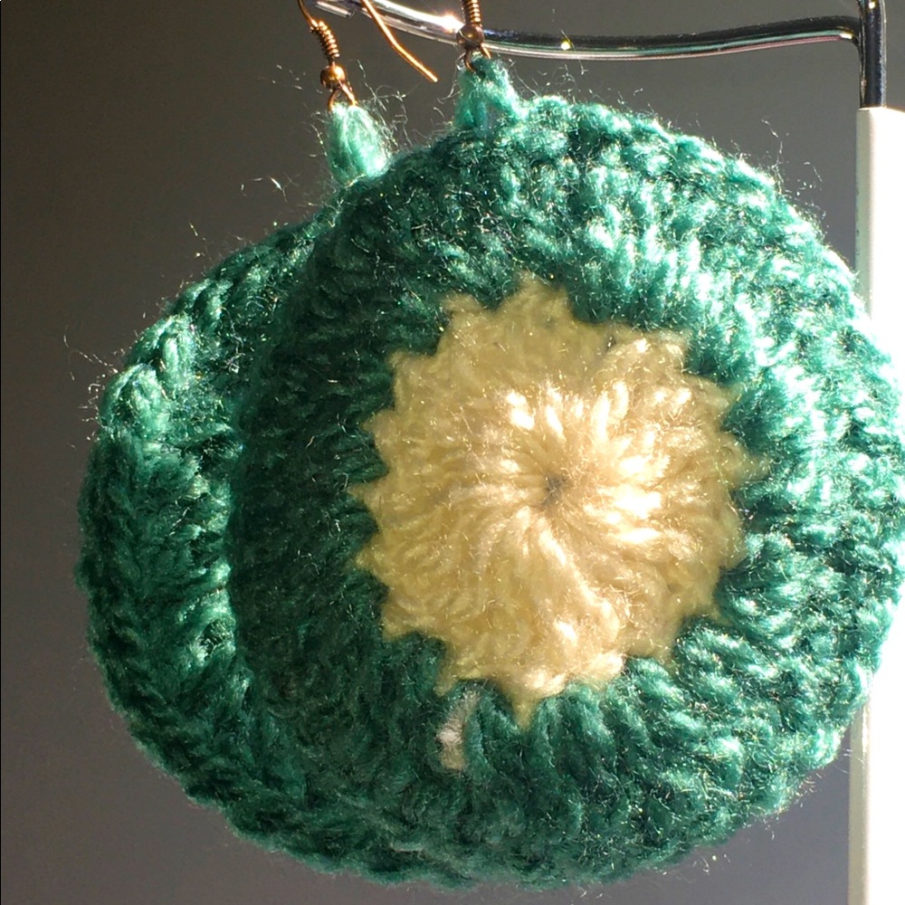 Green and Vanilla off white One of a kind unique handmade crochet earrings